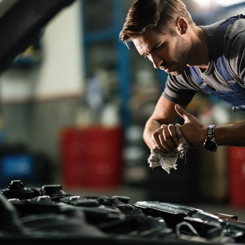 A mechanic in navy overalls wipes his hands with a rag while leaning over the open hood of a car in a repair shop.