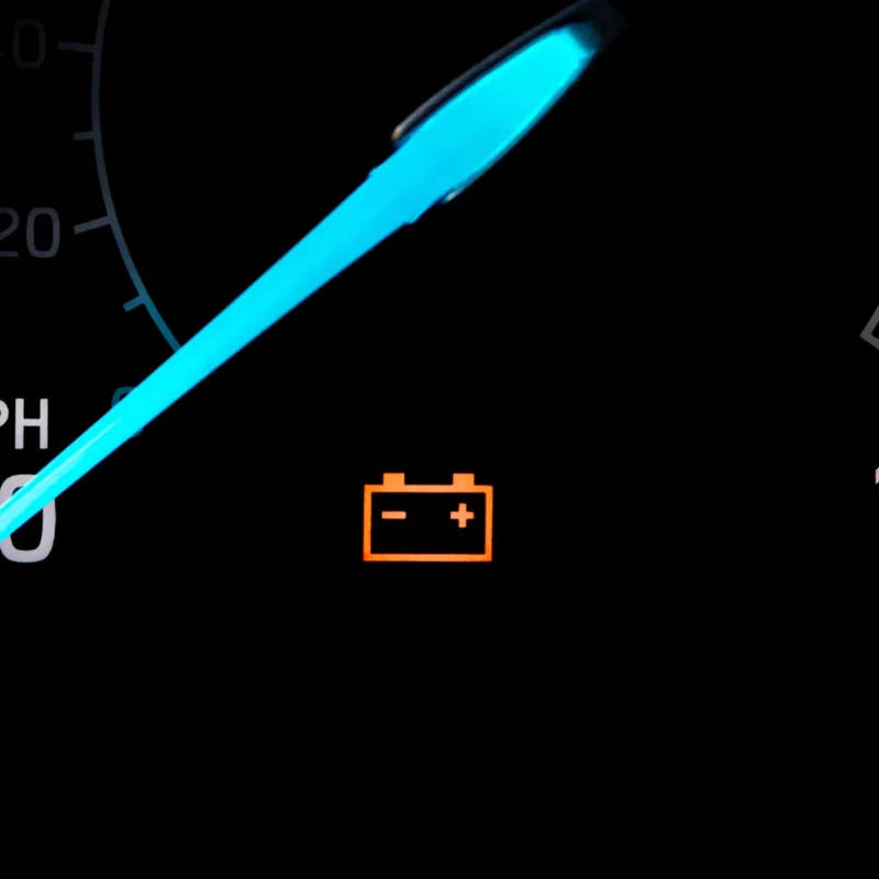 A car's dark dashboard showing an illuminated orange battery warning light next to a glowing blue speedometer needle at zero.