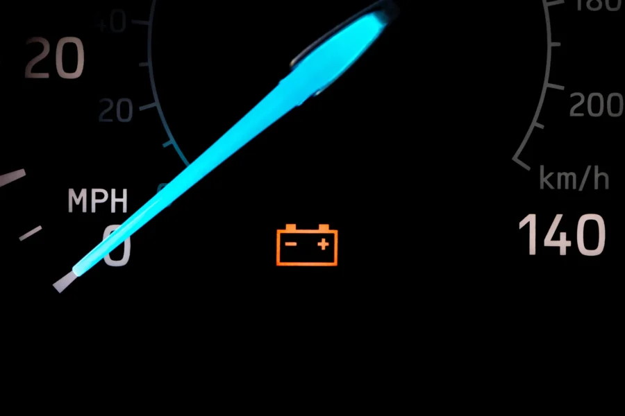 A car's dark dashboard showing an illuminated orange battery warning light next to a glowing blue speedometer needle at zero.